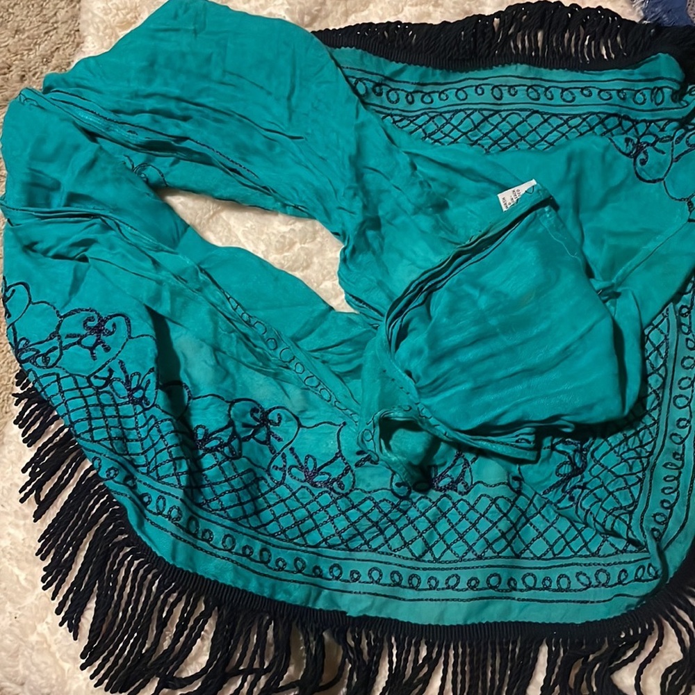 Teal and navy eternity scarf, navy embroidery and tassel details